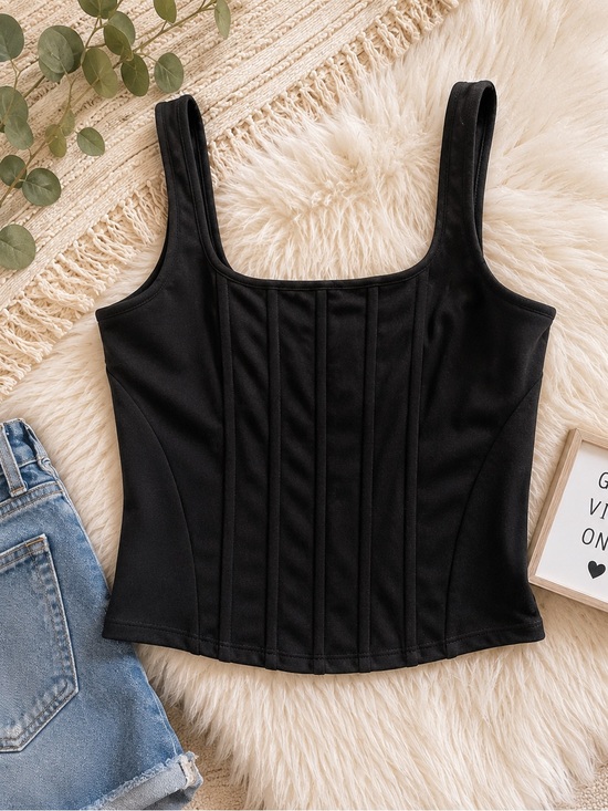 Express Tops - Express Black Square Neck Corset Tank Top - Women Size L
